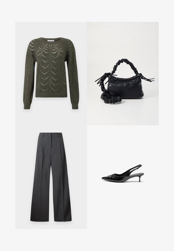 Olivově zelený pletený svetr s kulatým výstřihem a dlouhými rukávy, s texturovaným, otevřeným vzorem a žebrovaným lemem.; Široké kalhoty z tmavě šedé látky, s vysokým pasem, jedním skladem a hladkou texturou s čistým zakončením na lemech.; Černé kožené lodičky na slingback s špičatou špičkou, malým podpatkem typu kitten a ozdobným uzlem na přední straně. Hladký povrch po celém obvodu.; Černá kabelka z umělé kůže s krokodýlím vzorem, staženým vrškem a zmačkaným popruhem. Zdá se, že má měkký a kompaktní design.