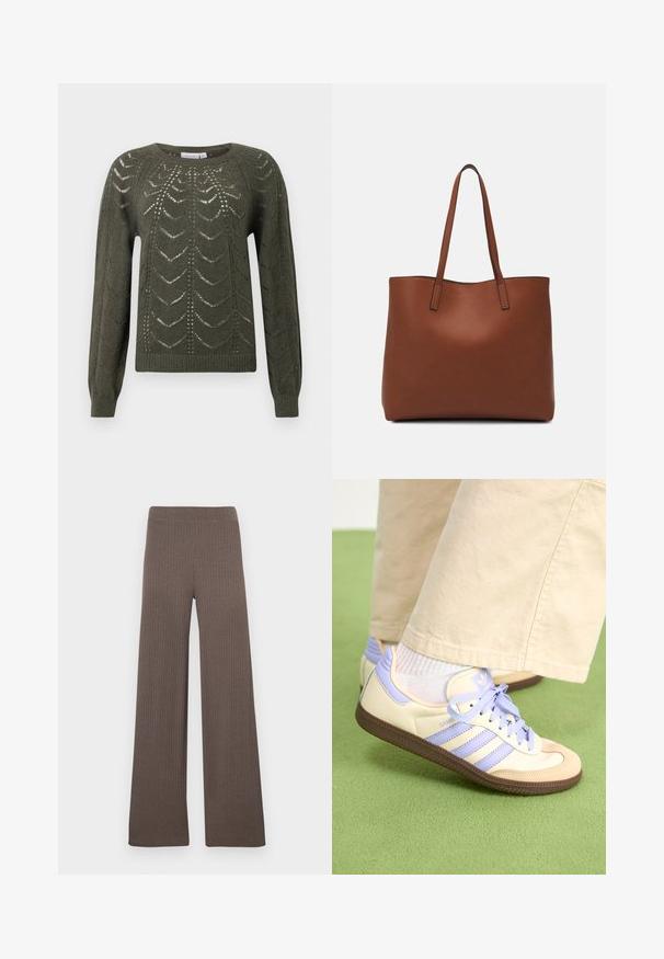 Olijfgroene gebreide trui met een ronde halslijn en lange mouwen, voorzien van een gestructureerd, open patroon en een ribgebreide zoom.; Geribbelde wijde broek in een donkerbruine kleur, met een rekbare tailleband en een zachte, gestructureerde stof.; Crème- en lavendel-sneakers met drie strepen en een gestructureerde bruine zool, voorzien van veters en een gewatteerde hiel. Zachte stoffen bovenkant.; Bruine leren tote bag met een gladde textuur, een ontwerp met een open bovenkant en twee schouderbanden. Kenmerkt zich door minimale stiksels en geen zichtbare hardware.