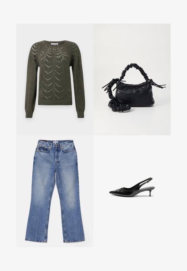 Oliivroheline kudumisväel, millel on ümar kaelus ja pikad varrukad, tekstuuriga avatud muster ja soonikkoes ääreosa.; RE/DONE LOOSE - Bootcut-teksad - hacienda; Musthave nahkased kõrged kontsad, millel on terav varvas, väike kitten-kont ja dekoratiivne sõlm ees. Ühtlane sile tekstuur.; Must must sünteetilisest nahast käekott, millel on krokodillimuster, kokku tõmmatav ülaosa ja kortsus rihm. Tundub pehme ja kompaktne disain.