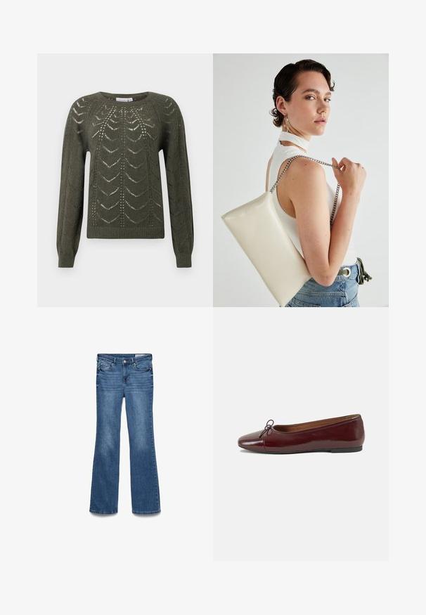 Olive green knitted sweater featuring a rounded neckline and long sleeves, with a textured, open pattern and ribbed hem.; Blue denim flared jeans with a mid-rise waist, two front pockets, and a stitched waistband. Soft texture and traditional five-pocket design.; Burgundy patent leather ballet flat with a rounded toe, small bow accent at the front, and a low, black rubber sole. Smooth texture.; White rectangular clutch bag made of glossy material, featuring a silver chain strap. Model poses, showcasing the bag against a plain background.
