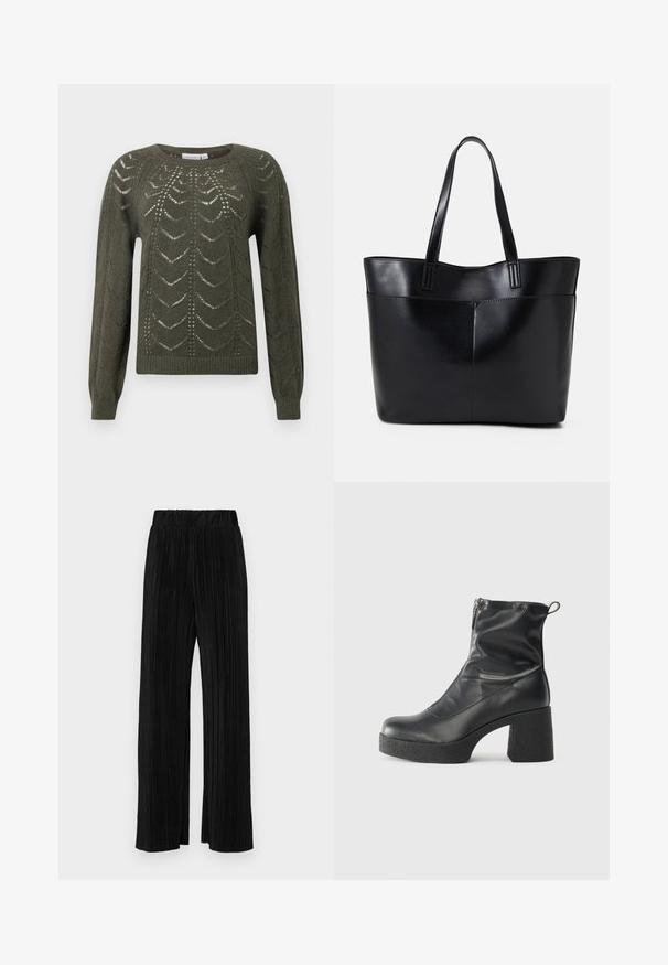 Suéter tricotado verde-oliva com decote redondo e mangas longas, apresentando um padrão texturizado e aberto, com bainha canelada.; Calças pregueadas pretas com uma cintura elástica. Apresentam pernas largas e um tecido liso, texturizado com riscas verticais.; Botas de tornozelo pretas feitas de couro liso, com fecho lateral, salto grosso texturizado e design de bico arredondado.; Bolsa tote preta em couro com duas alças longas, textura suave e forma estruturada. Apresenta um bolso frontal para armazenamento adicional.
