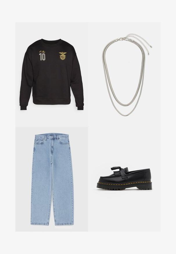 Juoda pritekinta striukė su apvaliu iškirpimu, gumbinėmis rankovėmis ir apačia. Papuošta auksinėmis siuvinėmis "O Rei" ir numeriu "10" bei emblema.; Šviesiai mėlyni džinsai su tiesiomis kojomis, turintys vidutinio aukščio juosmenį, penkias kišenes ir mygtuko bei užtrauktuko uždarymą.; Juodas odinis loaferis su kutais, turintis masyvų juodą pado ir geltonus siūlus palei kraštą. Textūruota danga.; Trijų sluoksnių sidabrinė metalinė apyrankė, kuri pasižymi stilingomis, lankstosiomis grandinėlėmis su švelniu blizgesiu, užsegama krabų užsegimu ir reguliuojama grandinė.