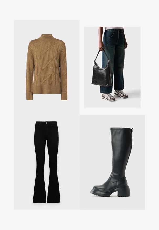 ONLY ONLLEISE LOOSE HIGHNECK - Jumper - tannin melange; Black high-waist jeans with a button and zip closure, front pockets, and flared legs laid flat on a white background.; Tall black leather boot with chunky platform sole and block heel, featuring pull tab and textured tread on outsole.; Black leather shoulder bag with a smooth texture and adjustable strap, paired with faded wide-leg jeans and athletic sneakers.