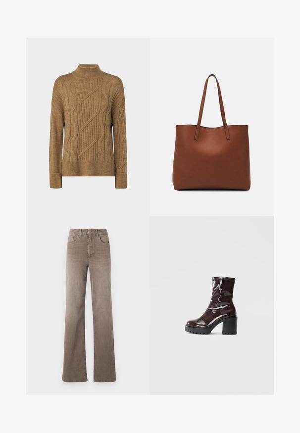 ONLY ONLLEISE LOOSE HIGHNECK - Strikkegenser - tannin melange; Brune høy midje rette jeans med frontknapp, beltesløyfer og klassisk fem-lomme design på hvit bakgrunn.; Glinsende burgunder ankelstøvel med en kraftig svart hæl, med en glatt tekstur og enkelt design. Ingen synlige lukkinger eller mønstre.; Brun lær tote veske med en jevn tekstur, åpen toppdesign og to skulderstropper. Har minimal søm og ingen synlige spiker.