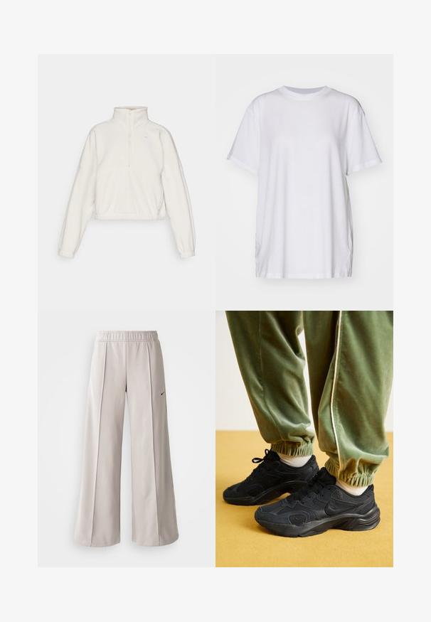 Pullover in pile, di colore crema chiaro, con colletto zip, vestibilità ampia, polsini e fondo elasticizzati, presenta un piccolo logo nell'angolo in alto a sinistra.; T-shirt bianco oversize in cotone, con colletto a girocollo, maniche corte e spacchi laterali per una vestibilità rilassata. Texture liscia.; Pantaloni ampi grigio chiaro realizzati in tessuto liscio. Presentano una vita elastica e il logo Nike nero sul lato sinistro.; Sneakers sportivi neri con sovrapposizioni in rete e sintetico, suola texturizzata, abbinati a pantaloni da jogging verdi con polsini elasticizzati, su una superficie gialla.