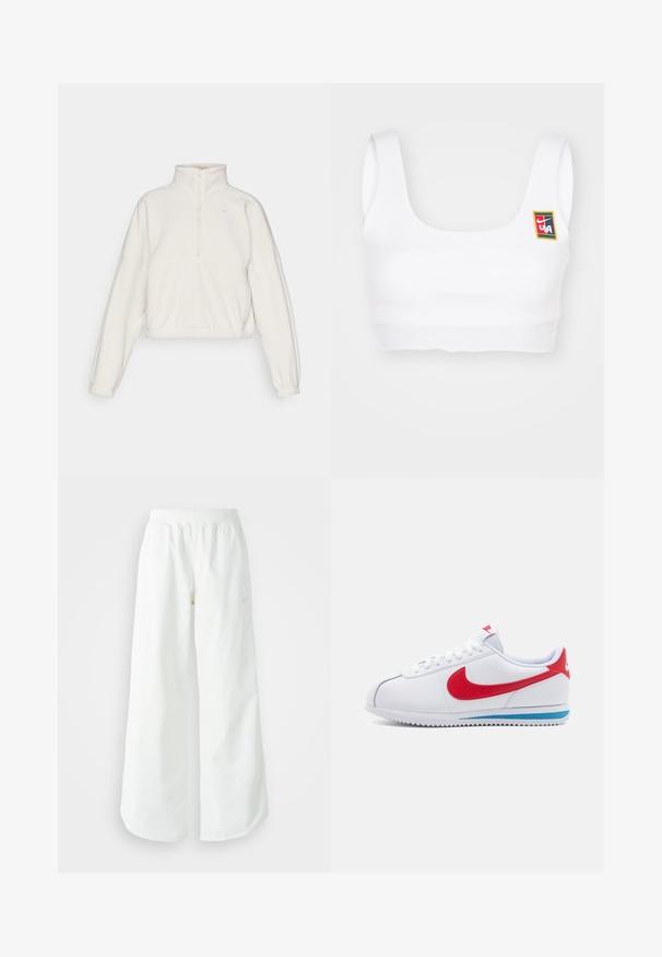 Fleece pūstinis, šviesios grietinėlės spalvos, su užtrauktuku prie kaklo, laisvo kirpimo, elastingomis rankogalvėmis ir apatine dalimi, viršutiniame kairiajame kampe esantis mažas logotipas.; Nike Sportswear YOON - Viršus - white; Balti sportiniai keliai su platėjančiomis kojomis, su įtemptu juosmeniu ir subtilia logotipo detale. Lygus audinys, laisvas kirpimas ir siaurėjantis apatinis kraštas.; Balti sportbačiai su raudonu swoosh, mėlyna akcentu ant pado ir baltais raišteliais. Tekstūruota viršutinė dalis su siuvinėtomis detalėmis. Klasikinis dizainas.
