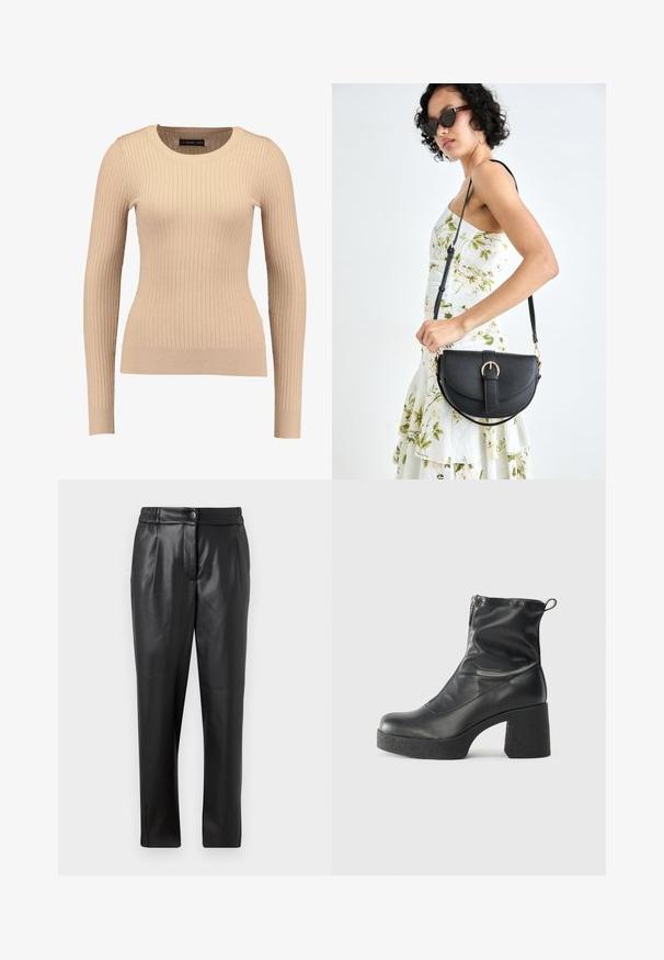 Ribbade långärmade tröja i ljus beige, tillverkad av tänjbar tyg. Har en rund halsringning och en figurnära silhuett med bandade manschetter.; Svarta läderbyxor med en slät yta, rak passform, resårliv och knäppning fram; plisserade detaljer och smalnande ben.; Svarta ankelstövlar i slitstark läder, med sidodragkedja, kraftig strukturerad klack och rundad tådesign.; Svart läderhandväska med en böjd form, avtagbar rem och guldiga detaljer. Väskan har ett lock med en spänndetalj.