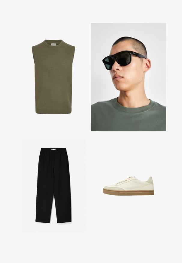 Pull sans manches en olive, texture tricot côtelée, col rond, coupe droite et détail subtil à l'ourlet. Étiquette de marque visible à l'intérieur.; Pantalons noirs à jambe large en tissu léger. Dotés d'une taille élastique et d'une texture lisse. Aucun motif visible ni pièce métallique.; Sneaker basse en cuir blanc avec des accents beiges et une semelle en caoutchouc texturé. Présente des coutures ton sur ton et un design de bout arrondi.; Lunettes de soleil rectangulaires noires avec des verres foncés, présentant une forme distinctive et un logo sur la branche. Portées par une personne en chemise verte.