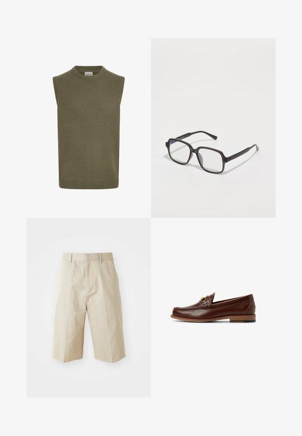 Sleeveless sweater in olive green, ribbed knit texture, round neckline, straight cut, and subtle hem detail. Brand label visible inside.; Beige tailored shorts with a straight cut, featuring belt loops, pleated front, and a smooth cotton texture. No pockets or additional details.; Brown leather loafers featuring a woven detail and a gold accent. Flat wooden heel with black rubber grip. Smooth texture, classic design.; Black rectangular eyeglasses with clear lenses, featuring a flat bridge and slender arms, showcasing a smooth plastic texture.