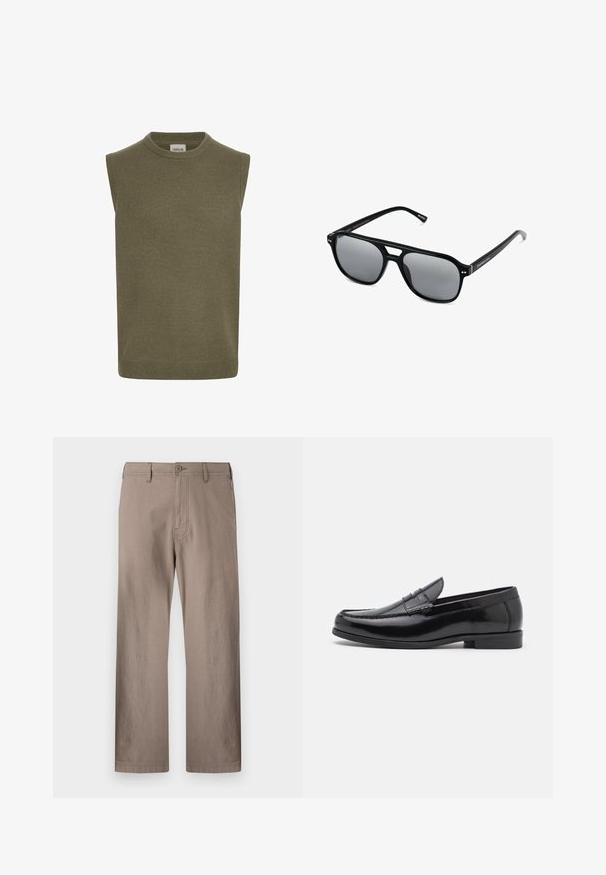 Ärmelloser Pullover in olivgrün, gerippter Strickstruktur, runder Halsausschnitt, gerade Schnittform und dezentes Saumdetaill. Markenlabel sichtbar auf der Innenseite.; Beige gerade geschnittene Hose aus leichtem Stoff mit Knopfverschluss, ausgestattet mit frontalen Taschen und sauberer Naht.; Schwarze Lederloafers mit abgerundetem Zehenbereich, dekorativen Nähten und einem niedrigen Absatz. Glatte Oberfläche mit dezentem Glanz. Klassisches Design ohne Verzierungen.; Schwarze Sonnenbrille mit rechteckigen Rahmen, grauen getönten Gläsern und einer Aussparung im Nasensteg. Schlanker, glänzender Kunststoff, mit schmalen Bügeln.