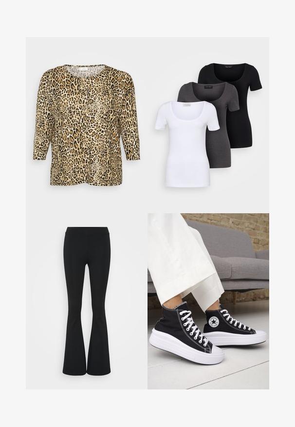 Majica s leopardjim printom in tričetrtinskimi rokavi, z okroglo ovratnico in ohlapnim krojem, postavljena proti enobarvnemu belemu ozadju.; Tri prilegla majica v beli, sivi in črni barvi. Vsaka ima širok izrez na vratu in kratke rokave. Narejene so iz gladkega, raztegljivega materiala.; Črne hlače s širokimi hlačnicami, izdelane iz raztegljive tkanine, z visokim pasom in gladko teksturo. Hlače se širijo od kolena navzdol.; Črni visoki supergi z belimi gumijastimi podplati in vezalkami. Na njih je okrogel logotip in kontrastno belo šivanje. Iz blaga platna.