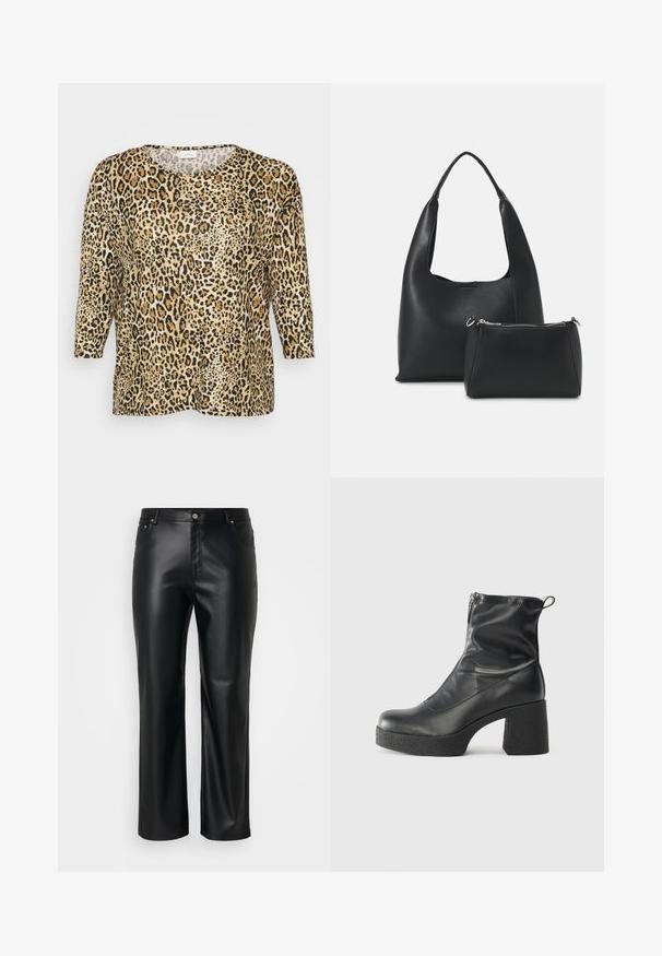 Top com padrão de onça, com mangas três quartos, apresentando um decote arredondado e um corte solto, colocado contra um fundo branco liso.; Calças de imitação de pele pretas com corte retificado, apresentando passantes para cinto, bolsos frontais e um fecho com zíper e botão. Textura suave.; Botas de tornozelo pretas feitas de couro liso, com fecho lateral, salto grosso texturizado e design de bico arredondado.; Even&Odd Mala de mão - black
