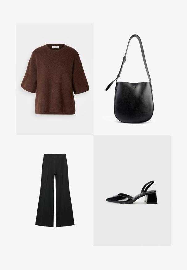 Pulover tricotat maro, confecționat dintr-un material moale, cu guler rotund, mâneci scurte și o croială lejeră. Finisaj texturat cu o suprafață netedă.; Pantaloni negri cu croială largă, având o textură netedă, cu pliseuri frontale și un design croit. Materialul este ușor și fluid.; Pantofi cu toc slingback din piele lacuită neagră, cu vârf ascuțit și toc geometric. Prezintă un design elegant, minimalist și o textură netedă.; Geantă de mână din piele neagră, cu o textură netedă, formă curbă, curea ajustabilă și un logo subtil embossat pe față.