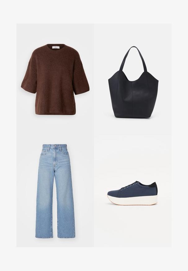 Rudas megztinis pagamintas iš minkštos medžiagos, su apvaliu kaklu, trumpomis rankovėmis ir laisvalaikio siluetu. Tekstūruotas paviršius su sklandžiu apdaila.; Šviesiai mėlynos aukšto liemens plačios kojos džinsai su priekiniais užtrauktukais ir sagom, priekinėmis ir galinėmis kišenėmis, ant baltos fono.; Tamsiai mėlynas sportinis batelis su tekstūruotu audiniu viršuje, baltu platformos padu, apvaliu pirštu ir juodu kulno akcentu.š. Yra šešios skylės raišteliams.; Juodas rankinės maišelis, pagamintas iš lygaus odos, su išlenktu atviru viršumi, dviem petinėmis dirželis ir minimalistiniu dizainu.