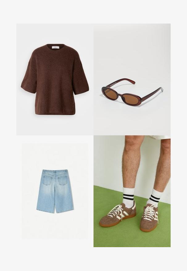 Ruskea neulottu neulepaita, joka on tehty pehmeästä kankaasta ja jossa on pyöreä kaulus, lyhyet hihat sekä väljähkö istuvuus. Rakenne on teksturoitu ja pinta sileä.; Vaaleansiniset farkkushortsit, joissa on rento sääntö, kaksi takataskua ja suora lahje. Siisti helma ja pehmeä tekstuuri.; Ruske nahkate sneakerit valkoisilla korostuksilla ja nauhoilla. Kumi-gumipohja. Yhdistetty valkoisiin sukkiin, joissa on mustia raitoja. Vihreä teksturoitu lattia.; Pyöreät, ruskehtavat aurinkolasit, joissa on kiiltävä burgundinpunainen runko. Kapeat sivut, joissa on hienovarainen brändäys. Litteät linssit.; Kangaskuvioinen vaalea käsilaukku, jossa on pyöreä kahva, valmistettu pehmeästä nahasta. Varustettu vetoketjulla ja monimutkaisella koriruudukkokuvioinnilla.