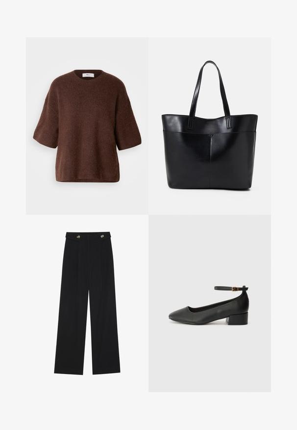 Brun strikkegenser laget av mykt stoff, med rund hals, korte ermer og en avslappet passform. Teksturert finish med en glatt overflate.; Svart vide bukser med høy midje, knappdetaljer på midjebåndet og frontplisser.; Sorte skinnpumper med spiss tå og lav blokkhelt. Har ankelrem med gullfarget spenne. Glatt tekstur.; Svart lær toteveske med to lange håndtak, en glatt tekstur og en strukturert form. Har en frontlomme for ekstra oppbevaring.