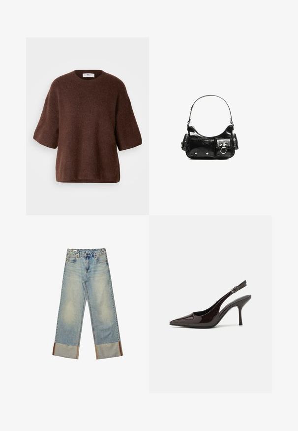 Ruskea neulottu neulepaita, joka on tehty pehmeästä kankaasta ja jossa on pyöreä kaulus, lyhyet hihat sekä väljähkö istuvuus. Rakenne on teksturoitu ja pinta sileä.; Vaaleansiniset leveälahkeiset farkut, joissa on kuluneet lahkeet, kontrastiväriset tikkaukset ja viisi taskua napin kiinnityksellä.; Korkokenkät tummanruskeasta kiiltävästä patenttinnahasta, teräväkärkiset, avoimet sivut ja säädettävä nilkkaremmi.; Mustekko mustasta kiiltonahasta valmistettu käsilaukku, jossa on kaareva muoto, yksi olkahihna, etutaskut ja hopeanväriset yksityiskohdat.