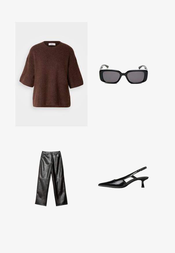 Maglione marrone lavorato a maglia in tessuto morbido, con collo rotondo, maniche corte e vestibilità comoda. Finitura testurizzata con una superficie liscia.; Pantaloni ampi in pelle nera con una superficie liscia, design a cinque tasche e dettagli cuciti lungo le gambe e la vita.; Tacchi slingback in pelle verniciata nera con punta affusolata, design con tagli laterali e tacco quadrato piccolo. Texture liscia con dettagli minimi.; Occhiali da sole neri rettangolari con lenti scure, montatura in plastica liscia e tempie curve. Il design è voluminoso con un'estetica minimalista.