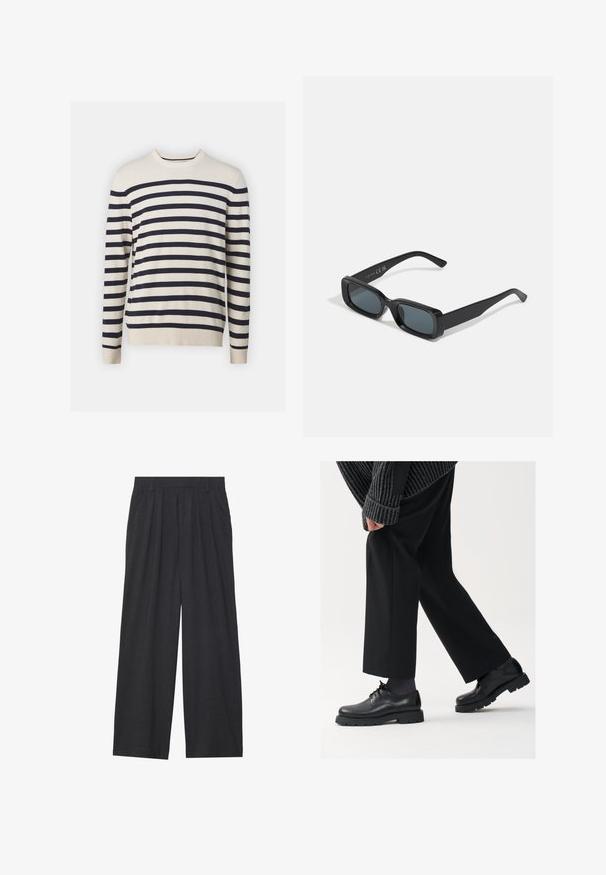 GAP CORE CREW FEEDER STRIPE - Strikkegenser - birch; Vide benbukser laget av mørkegrått stoff. Har legg i midjen, en skreddersydd design, og en rett silhuett.; Sorte skinnsko med rund tupp, snøring og tykk, teksturert såle. Brukt med skreddersydde svarte bukser og en ribbet genser.; Sorte rektangulære solbriller med mørke linser. Blank ramme, rette armer med en liten bue. Minimalistisk design, uten utsmykning.