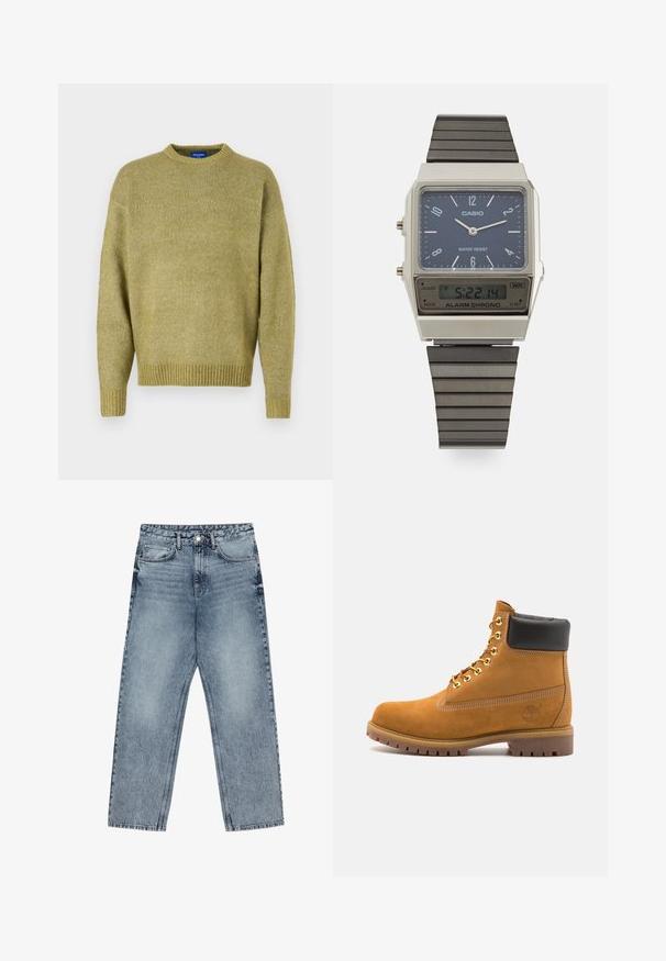 Knit sweater in muted olive green, featuring a crew neck, dropped shoulders, ribbed cuffs, and a textured finish.; Light blue denim jeans with a straight leg cut, visible stitching, five pocket design, and a button closure at the waist.; Tan suede ankle boot with black padded collar, gold metal eyelets, white stitching detailing, and rugged rubber sole with pronounced treads.; Casio digital watch with a blue dial, silver case, and layered black rubber strap. Displays time and alarm settings. Water resistant.