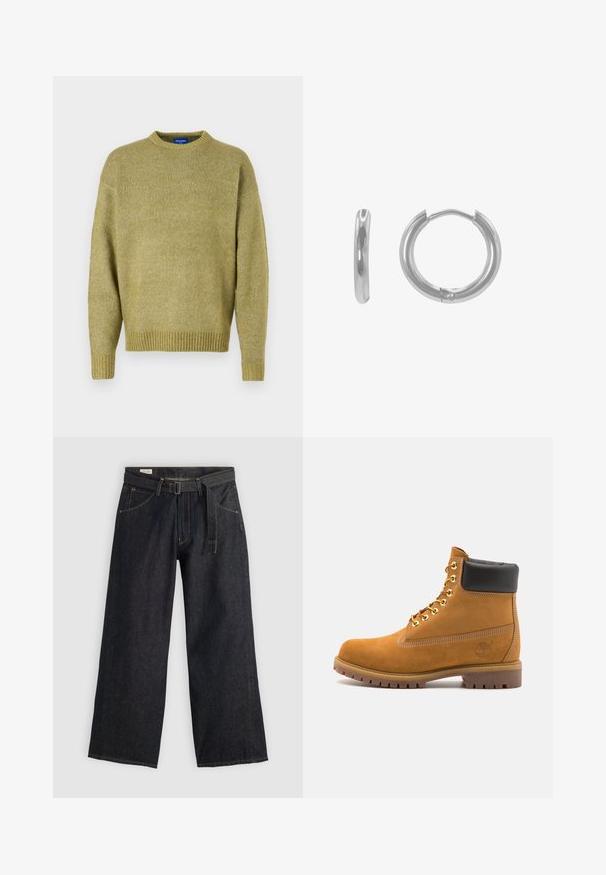Suéter de punto en un verde oliva apagado, con cuello redondo, hombros caídos, puños acanalados y un acabado texturizado.; Pantalones de mezclilla oscuros de pierna ancha con cintura ajustada, que cuentan con bolsillos frontales y costuras en contraste. Textura suave con un diseño limpio.; Botín de ante marrón claro con collar acolchado negro, ojales de metal dorado, detalles de costura blanca y suela de goma resistente con tacos pronunciados.; Pendiente de aro de plata con un diseño redondeado, acabado pulido y una pequeña bisagra redonda para el cierre. Mide aproximadamente 2.5 cm de diámetro.