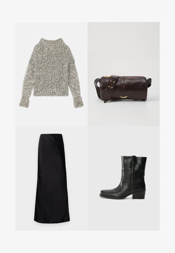 Tömény kötésű pulóver krém és szürke árnyalatokban. Széles bordás gallérral és mandzsettákkal rendelkezik, dobozos formájú, és textúrázott mintázat díszíti.; Norma Kamali BIAS OBIE SKIRT - Maxi szoknya - black; Fekete bőr bokacsizma lekerekített orral, blokk sarkúval, oldalsó cipzárral és varrásos díszítéssel az elején. Simább textúra, klasszikus dizájn.; Barna krokodilbőr hatású bőr táska henger alakú, arany tónusú fémveretekkel és lecsatolható, szegecsekkel díszített pánttal.