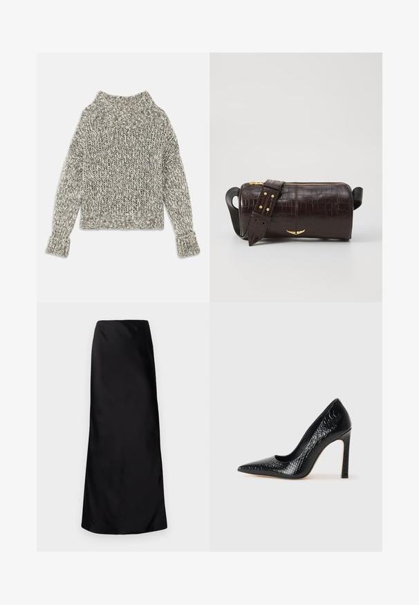 Pulover tricotat în nuanțe de crem și gri. Are un guler și manșete cu nervuri late, cu o formă pătrată și un model texturat pe întreaga suprafață.; Norma Kamali BIAS OBIE SKIRT - Fustă maxi - black; Pantofii cu toc înalt, ascuțiți, de culoare neagră, cu textură de piele de crocodil, având un design elegant, toc în stil stiletto și interior neted de culoare neagră.; Geantă din piele căptușită cu un model de crocodil de culoare maro, cu o formă cilindrică, accesorii de culoare aurie și un curea detasabilă cu tăieturi.