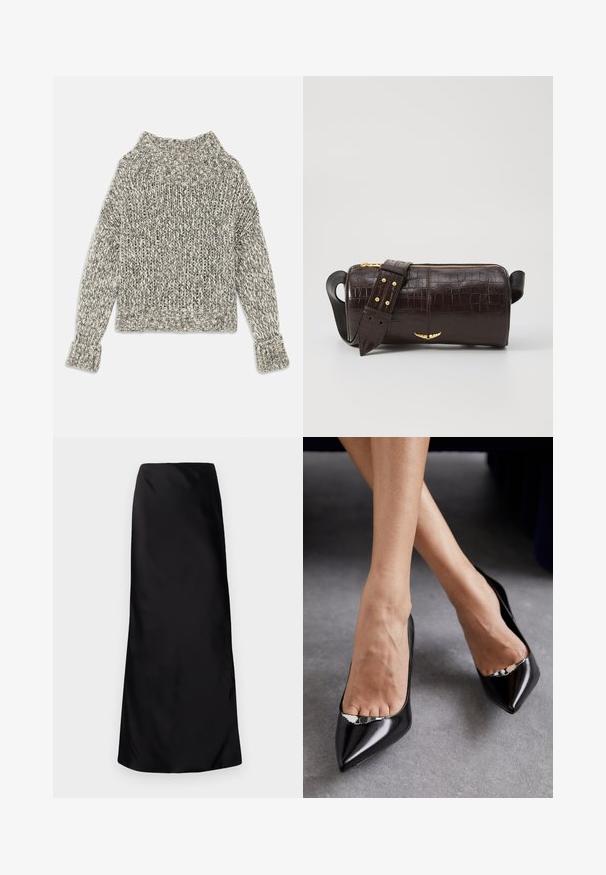 Pulover tricotat în nuanțe de crem și gri. Are un guler și manșete cu nervuri late, cu o formă pătrată și un model texturat pe întreaga suprafață.; Norma Kamali BIAS OBIE SKIRT - Fustă maxi - black; Pantofi negri din piele cu toc înalt, cu vârf ascuțit și design deschis, având un accent decorativ din argint. Textură netedă cu finisaj lucios.; Geantă din piele căptușită cu un model de crocodil de culoare maro, cu o formă cilindrică, accesorii de culoare aurie și un curea detasabilă cu tăieturi.