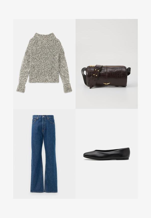 Maglione lavorato a maglia grossa in tonalità crema e grigie. Presenta un ampio colletto e polsini a coste, con una forma boxy e un motivo testurizzato in tutto il capo.; Jeans a zampa d'elefante in denim blu con vita alta, dotati di cinque tasche, chiusura con bottone argentato e dettagli di cuciture in evidenza.; Paul Smith TOPANGA - Ballerine - black; Borsa in pelle stampata a coccodrillo marrone con forma cilindrica, accessori in tonalità oro e una tracolla staccabile con borchie.
