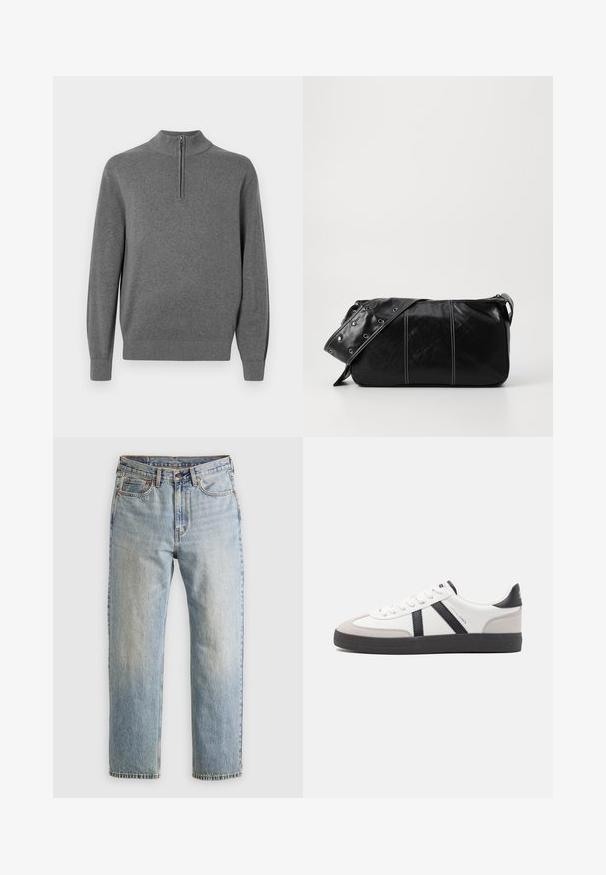 Pelēks puloveris ar augstu kaklu un pusgaru rāvējslēdzēju. Izgatavots no mīksta auduma, ar ribotām piedurknēm un apakšmalu.; Gai zila denima bikses ar augstu jostasvietu, priekšējo pogu, rāvējslēdzēju un piecu kabatu dizainu, izlīdzinātas uz neitrāla fona.; Baltas sneakeris ar melniem un pelēkiem akcentiem, kuram ir teksturēts pelēks purngals, melna gumijas zole un plakanas baltas šņores. Tīrs dizains, minimālisma stils.; Melnas ādas plecu soma ar rāvējslēdzēja aizdari, ar teksturētu virsmu, baltu dūrienu un siksnu ar sudraba iekavām.
