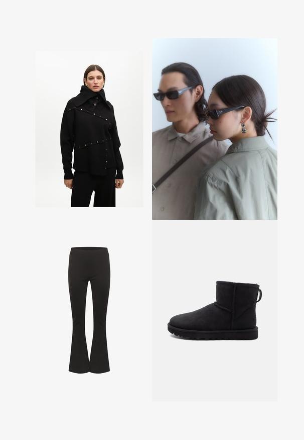 Černý pletený svetr s vysokým límcem, zlatými patentkami a asymetrickým designem s texturovaným povrchem. Kombinovaný s ladícími kalhotami.; Černé rozšířené kalhoty s vypasovaným pasem a hladkým materiálem, zobrazené vzpřímeně na bílém pozadí.; Černé semišové kotníkové boty s kulatou špičkou, s ovčí vlnou jako podšívkou a plochou gumovou podrážkou. Obsahují boční šev a poutko na zadní straně.; Černé obdélníkové sluneční brýle s lesklým povrchem, s logem Ray-Ban na stranicích, nošené dvěma osobami v tlumených outfitech.