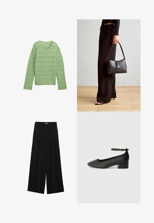 Zaļš adīts džemperis ar faktūru, atvērtu rakstu un horizontālām svītrām. Tam ir plašs kakla izgriezums un garas piedurknes.; Melni platleņķa bikses ar teksturētu audumu, elastīgu jostu un noņemamu siksnu viduklī, kas nodrošina regulējamu piegulšanu.; Melnas ādas sūkņi ar smailu purngalu un zemu bloku papēdi. Iezīmēts ar potītes siksniņu ar zelta krāsas sprādzi. Gluda tekstūra.; Melnā somiņa ar strukturētu formu, gludu tekstūru un metālu sprādzi. Saskaņota ar platām melnām biksēm un sandālēm ar atvērtu purngalu uz koka grīdas.