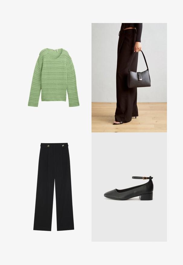 Pulover verde tricotat, cu un model texturat, deschis, decorat cu dungi orizontale. Are o gât larg și mâneci lungi.; Pantaloni negri cu picioare largi, talie înaltă, detalii cu butoane pe talie și pliseuri în față.; Pantof cu toc negru din piele, cu vârf ascuțit și toc mic pătrat. Dispune de o curea la gleznă cu o cataramă în tonuri de aur. Textură netedă.; Genți negre cu o formă structurată, textură netedă și un închizător metalic. Asortată cu pantaloni negri largi și sandale cu vârf deschis pe un podea din lemn.