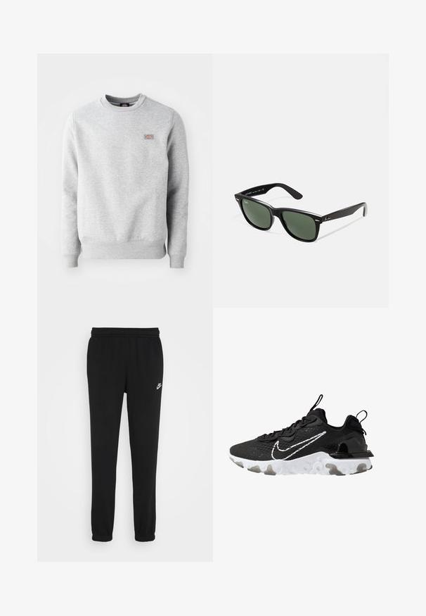 Felpa grigia con colletto rotondo, maniche e orlo a costine, realizzata in morbido cotone. Presenta un piccolo logo sul lato sinistro del petto.; Pantaloni da jogger neri con vita elasticizzata, polsini alle caviglie e un piccolo logo Nike bianco sul lato sinistro. Realizzati in un morbido tessuto testurizzato.; Scarpa sportiva nera con tomaia in tessuto testurizzato, il logo Nike bianco e una suola spessa bianca. Presenta un occhiello sul tallone per indossarla facilmente.; Occhiali da sole in plastica nera con lenti verdi, montatura quadrata, dettaglio argento sulla parte superiore e steli con texture. Marchio indicato sulla parte interna dello stelo.