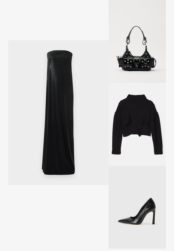 Sort cropped sweater med høj ribbet hals, dropped skuldre og en kant med udskæringsdetaljer. Fremstillet af blødt strikket stof.; Sort stropløs maxikjole lavet af glat, skinnende stof. Har en tætsiddende bodice og en svungende silhuet, der når gulvet uden udsmykninger.; Sorte spidse tå stiletto-sko i krokodilleskind med et strømlinet design, høj hæl og glat sort inderside.; Sort læderhåndtaske med et buet design, prydet med sølvfarvede nitter, en spænde og to sidelommer. Justerbar rem til forskellige bære muligheder.