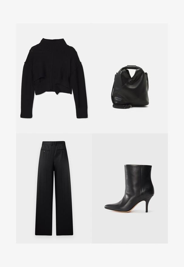 Suéter corto negro con un alto cuello acanalado, hombros caídos y un dobladillo con detalles recortados. Fabricado en suave tejido de punto.; Pantalones de pierna ancha negros con frente plano, dos bolsillos traseros con botones y una textura suave. Diseño ajustado con corte recto.; Botín de cuero negro con punta afilada, tacón de aguja delgado y textura lisa. Diseño minimalista sin hardware o acentos visibles.; Bolso de cuero negro y suave con un diseño retorcido único. Presenta un asa corta y una correa de hombro desmontable. Estilo minimalista.