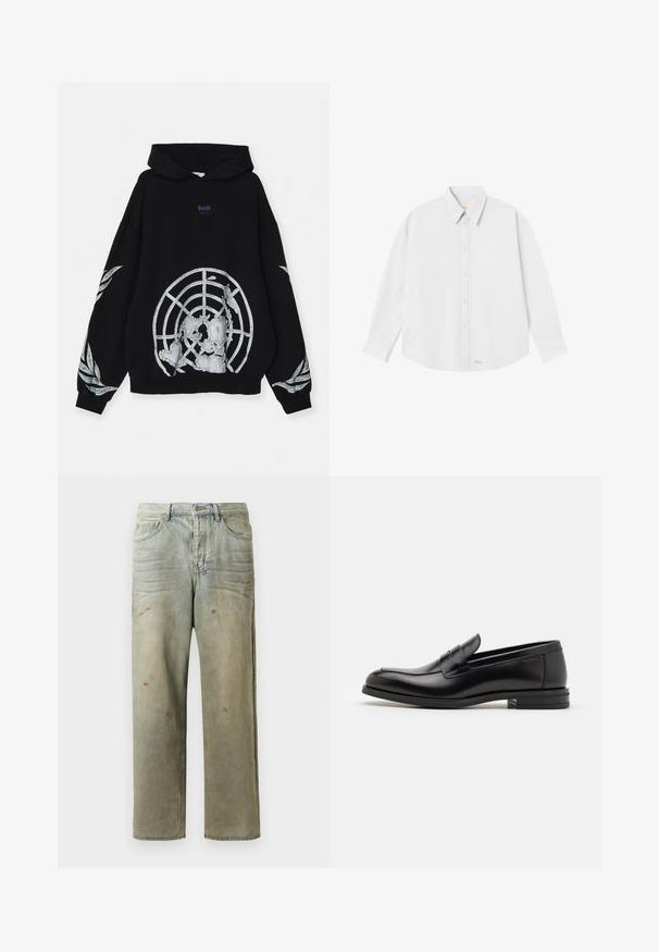 GmbH UN LOOPBACK - Hoodie - black; White button-up shirt with a classic collar, long sleeves, and a rounded hem; features small orange logo at the bottom left side.; Distressed denim jeans in light green, featuring a straight leg, five-pocket design, and uneven fading with paint splatters.; Black leather loafers with a smooth texture, rounded toe, and a decorative strap across the vamp. Low stacked heel, minimalist design.