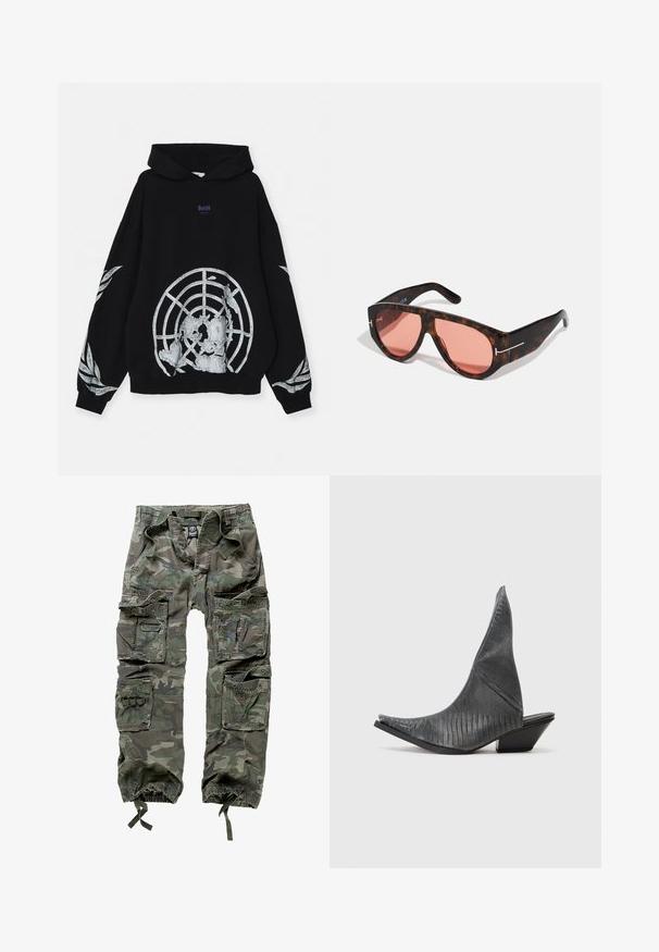 GmbH UN LOOPBACK - Kapuzenpullover - black; Tarnfarben Cargo-Hosen aus Baumwolle, mit mehreren Taschen, elastischen Bündchen und einem lockeren Schnitt mit einem Kordelzugbund.; Schwarze, spitze Blockabsatz-Mules mit strukturiertem Schlangenledermuster. Sie verfügen über einen niedrigen, dreieckigen Absatz und ein glattes, geschwungenes Oberdesign.; Schildpatt-Sonnenbrille mit pinken Gläsern, die ein gewagtes, kantiges Design und dünne silberne Hardware-Akzente an den Rahmen aufweist.