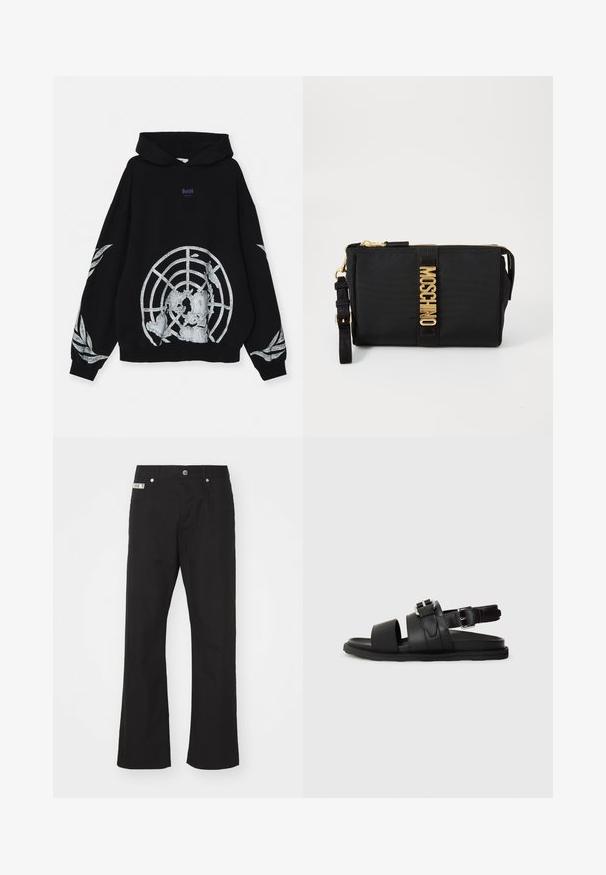 GmbH UN LOOPBACK - Kapuzenpullover - black; Schwarze Baumwollhose mit geradem Bein, mit einem Frontknopfverschluss, zwei seitlichen Taschen und einem kleinen Markenetikett am Bund.; Schwarze Leder-Sandale mit zwei breiten Riemen und einem verstellbaren Knöchelriemen mit einer Schnalle. Flache Sohle mit strukturiertem Rand.; Schwarze Nylon-Clutch mit goldfarbenen Beschlägen, ausgestattet mit einem zentralen Logo-Streifen. Beinhaltet einen abnehmbaren Trageriemen und einen Reißverschluss für sichere Verwendung.