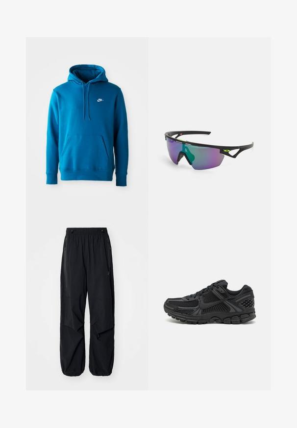 Moleton azul da Nike com bolso frontal e cordões, apresentando um pequeno logotipo branco da Nike no lado esquerdo do peito.; Calças cargo leves e pretas com uma cintura elástica, zíperes laterais e bolsos espaçosos. Apresentam um corte solto e bainhas ajustadas.; Sapatilha atlética preta com parte superior em malha, sola de borracha e toques texturizados. O design inclui um sistema de atacadores pronunciado e sola almofadada.; Óculos de sol desportivos com uma armação preta, lentes grandes em degrade com tons de roxo e verde, e detalhes em design angular com logótipo.