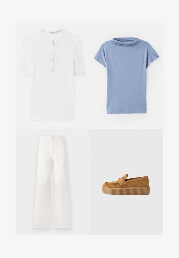 T-shirt blanc à manches courtes en tissu côtelé avec un col rond et une patte de boutonnage à cinq boutons. Texture douce et coupe décontractée.; Haut bleu clair à manches courtes fabriqué dans un tissu doux. Présente un col rond et une coupe ample, avec des ourlets propres et sans motifs.; Jean large blanc taille haute en denim. Se ferme par un bouton, dispose de deux poches avant et de coutures détaillées sur les côtés.; Mocassin en daim brun à bout rond, avec une semelle plateforme striée et une bande décorative sur le dessus.