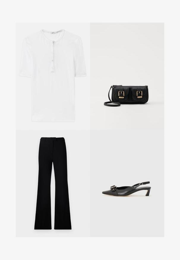 White short-sleeve T-shirt in ribbed fabric with a round neckline and five-button placket. Soft texture and relaxed fit.; Black flared pants featuring a smooth texture, tailored waistband, and front pockets, designed with a sleek, modern silhouette.; Black leather slingback shoe with pointed toe, small heel, and decorative buckle detail on the upper. Smooth texture, minimalistic design.; Black leather crossbody bag with two front pockets, gold buckles, zipper closure, and a slim strap. Textured surface and compact rectangular shape.