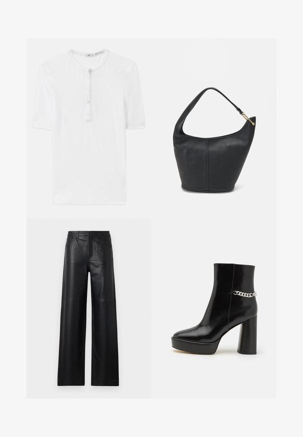 T-shirt bianco a maniche corte in tessuto a costine con scollatura rotonda e pattina con cinque bottoni. Texture morbida e vestibilità rilassata.; Pantaloni in pelle nera a gamba larga con una texture liscia, dotati di tasche frontali, chiusura a bottone e dettagli di cucitura sottili.; Stivale alla caviglia in vernice nera con una piattaforma chunky e un tallone alto a blocco. Presenta un accento di catena argentata sul lato. Texture liscia.; Borsa a tracolla in pelle nera con forma arrotondata, una tracolla ampia e una finitura testurizzata. Presenta un dettaglio di cucitura discreto e un dettaglio in metallo dorato.