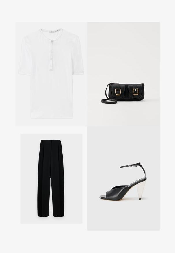 White short-sleeve T-shirt in ribbed fabric with a round neckline and five-button placket. Soft texture and relaxed fit.; Black wide-leg trousers with a high waist, featuring pleats and a smooth texture. The fabric appears lightweight and drapes elegantly.; Black leather high heel sandal with open toe, asymmetrical design, ankle strap, and a metallic cone-shaped heel. Smooth texture throughout.; Black leather crossbody bag with two front pockets, gold buckles, zipper closure, and a slim strap. Textured surface and compact rectangular shape.