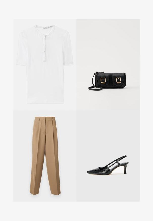 Witte T-shirt met korte mouwen van ribstof, met een ronde hals en een vijf knopen tellende sluiting. Zachte textuur en een relaxed fit.; Beige op maat gemaakte broek met een hoge taille, geplooide voorkant en wijde pijpen. De stof lijkt glad met een lichte glans.; Zwart patent slingback hak met een spitse neus, voorzien van een gestructureerde slangenprint, verstelbare band en een korte, gestructureerde blokhak.; Zwarte leren schoudertas met twee vo pockets, gouden gespen, ritsluiting en een smalle band. Tekstuur oppervlak en compacte rechthoekige vorm.