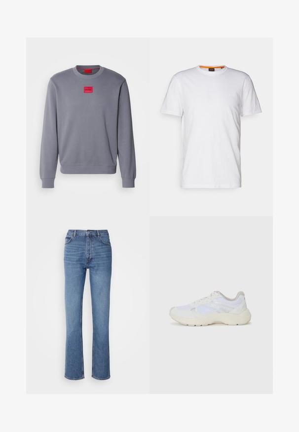 Hallitusest valmistatud hall dressipluus pehme kanga ja ümmarguse kaelusega, millel on rinnal punane ristkülikukujuline plaastriga, kus on "HUGO" logo. Ribitud varrukate ja servadega.; Valge puuvillane T-särk ümmarguse kaelusega, lühikeste varrukatega ja rinna peal diskreetse reljeefse logoga. Siseetiketil on oranž detail.; Sinised denim teksad kõrge vöökoha, sirge jala disaini ja kerge pleekimisega. Omavad klassikalist viit taskut ja tõmbluku sulgemist.; Valged sportlikud jalanõud, mis on valmistatud võrkkangast ja seemisnahast, sisaldavad tekstureeritud vahetald, tekstureeritud aktsentide ning küljes oleva "HUGO" logo.