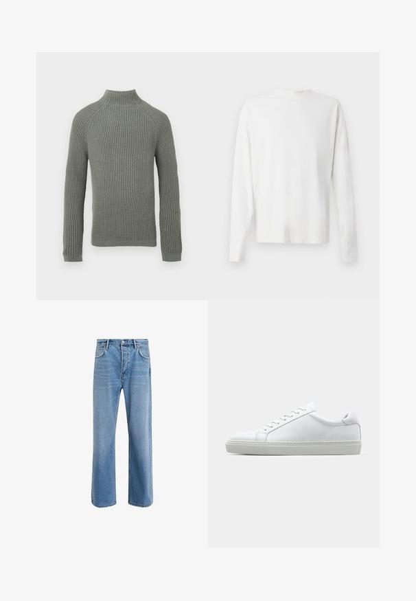 Rebrasti pleten pulover v svetlo zeleni barvi z visokim ovratnikom, dolgimi rokavi in prilegajočim krojem. Tekstura je mehka in nekoliko raztegljiva.; Bela bombažna srajca z dolgimi rokavi in okroglo ovratnikom, z bočnimi razporki na dnu in gladko teksturo, prikazana s hrbtne strani.; Svetlo modre denim kavbojke s ravno nogavico, petimi žepi, z gumbom za zapiranje, minimalnim zbledelostjo in kontrastnimi šivi.; Bela športna obutev z gladkim usnjenim zgornjim delom in nizkim profilom. Ima zaokrožen nos, šest lukenj za vezalke in teksturiran gumijast podplat.