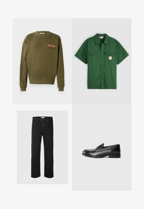 Olivově zelená mikina vyrobená z bavlny, s kulatým výstřihem, žebrovanými manžetami a vyšitým logem "MARNI" v červené barvě.; Krátký rukáv zelená bavlněná košile s knoflíkovou přední částí, dvěma náprsními kapsami a malou etiketou na levé kapse. Hladká, bez vzorů.; Černé džíny rovného střihu mají klasický design se pěti kapsami, zapínání na knoflík, minimální švy a jemnou texturu.; Černé kožené mokasíny s hladkým povrchem, prošívanými detaily na svršku a mírně zvýšeným podpatkem.