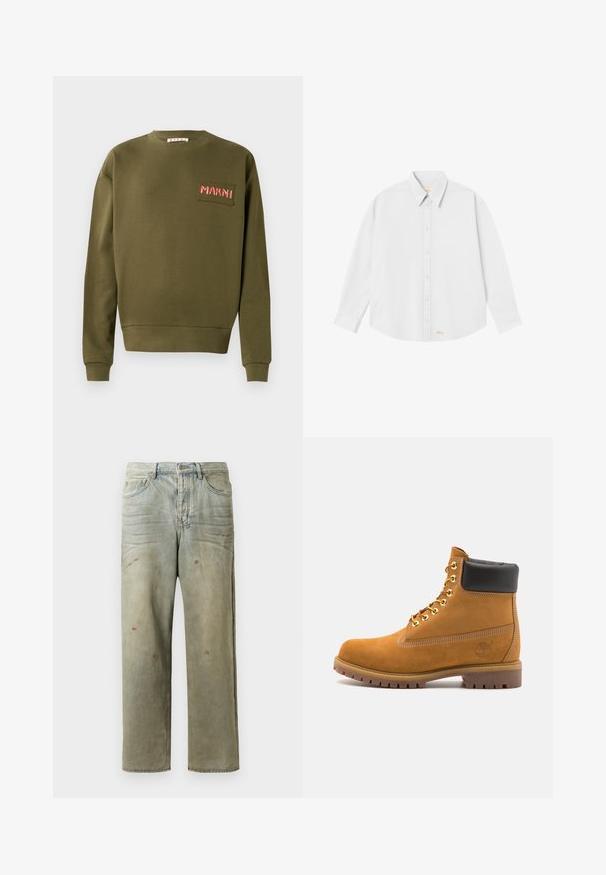 Felpa verde oliva in cotone, con collo a giro, polsini a coste e un patch ricamato con "MARNI" in rosso.; Camicia bianca con colletto classico, maniche lunghe e orlo arrotondato; presenta un piccolo logo arancione sul lato sinistro in basso.; Jeans in denim strappato di colore verde chiaro, con gamba dritta, design a cinque tasche, sbiaditure irregolari e schizzi di vernice.; Stivale alla caviglia in suede tan con collare imbottito nero, occhielli in metallo dorato, dettagli in cucitura bianca e suola in gomma robusta con battistrada pronunciato.