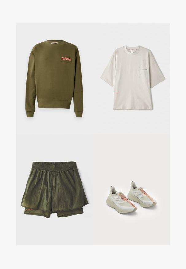 Olive green sweatshirt made of cotton, featuring a crew neck, ribbed cuffs, and an embroidered patch with "MARNI" in red.; Light gray oversized T-shirt with short sleeves, featuring a small black print on the chest and a red logo at the hem. Soft cotton material.; Olive green athletic shorts with an elastic waistband, inner lining, and perforated panels for ventilation. Lightweight, casual design.; White athletic shoes with a textured upper, featuring three diagonal stripes, orange laces, and a cushioned, curved sole design.